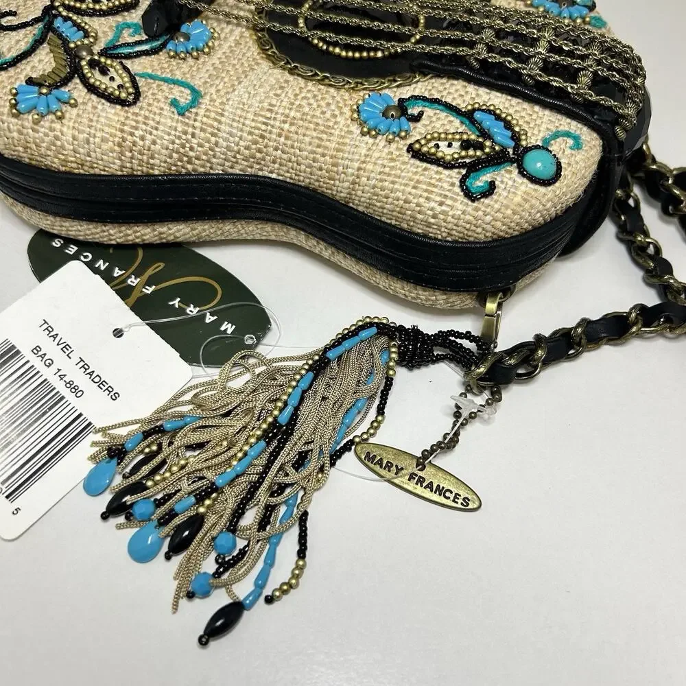 Mary Frances Unplugged Cream Woven and NWT Turquoise Beaded Guitar Bag *RARE - Picture 8 of 16